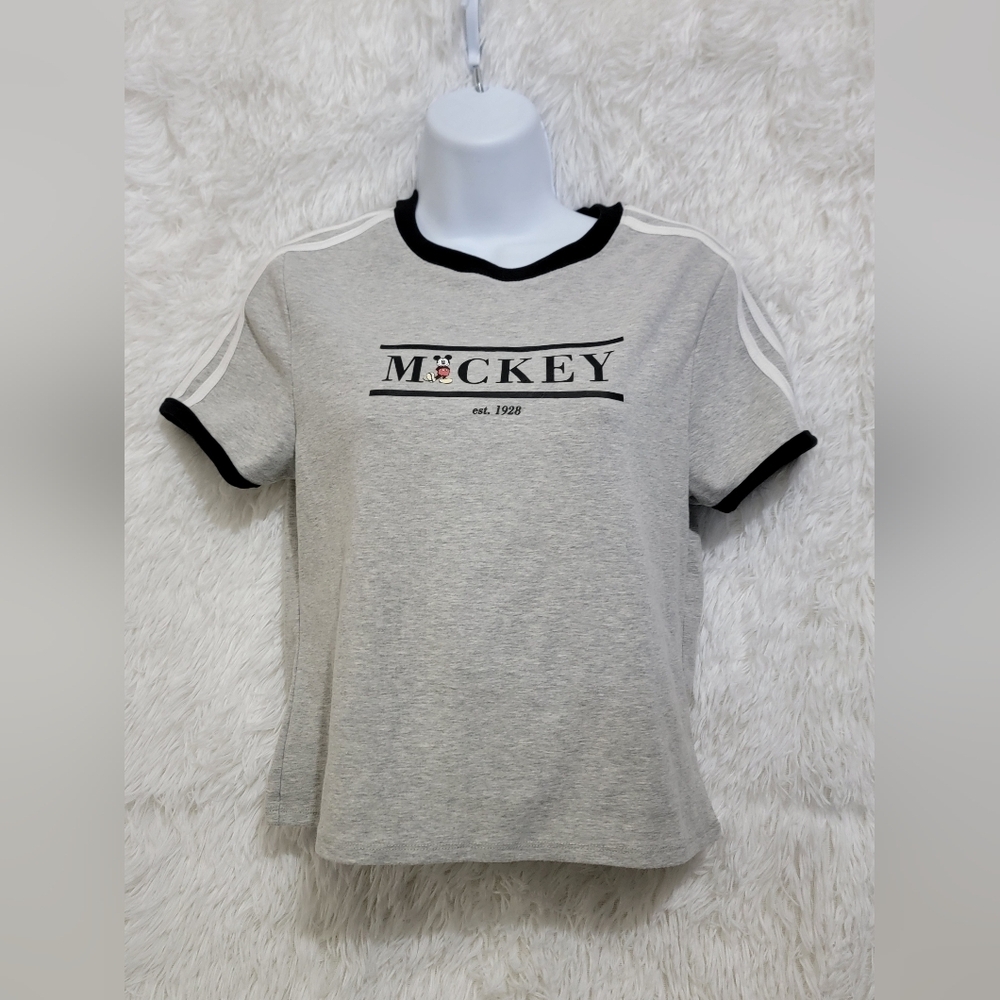 Disney Mickey Mouse Gray Black Trim And White Strips On Shoulder Crop Top Large